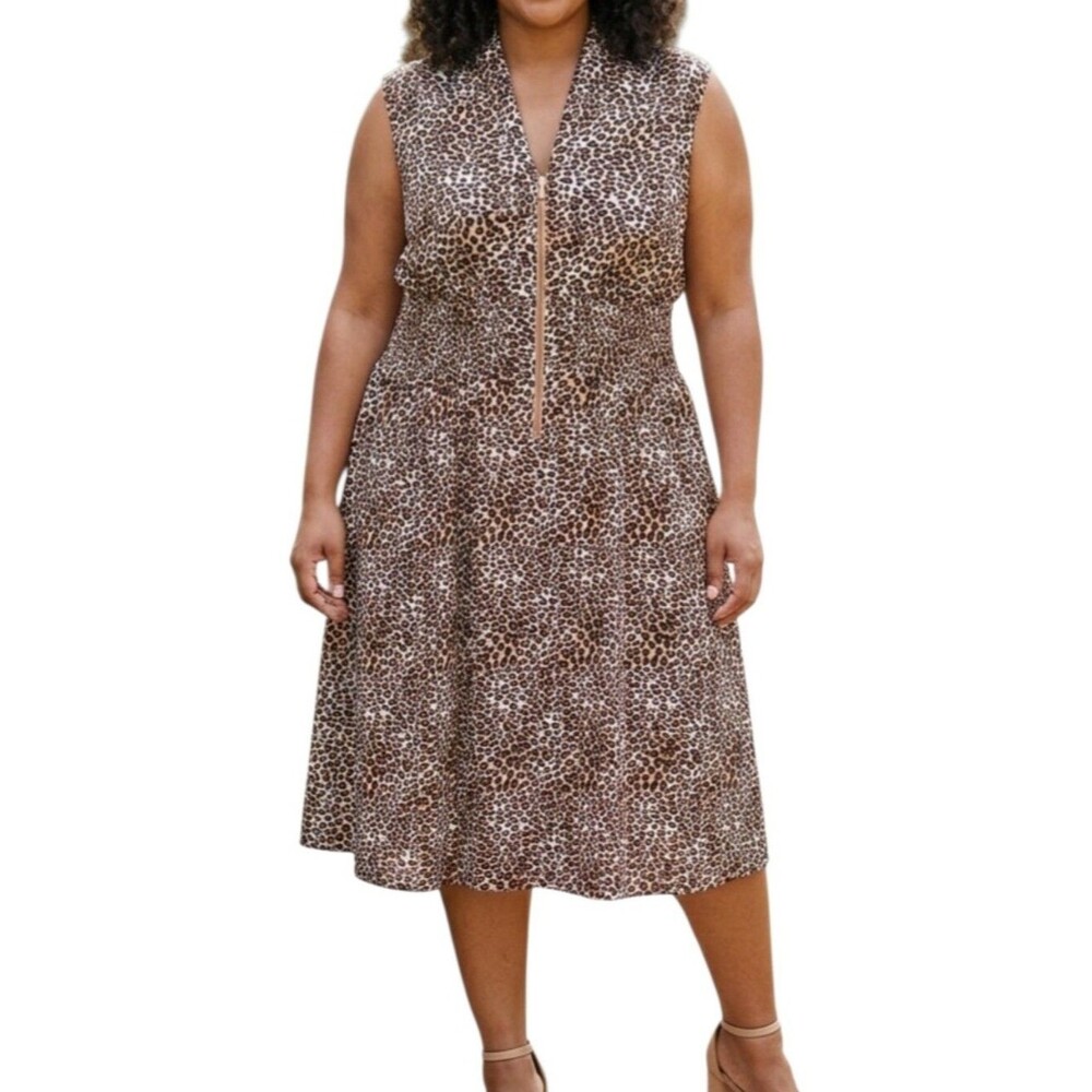 Cato Leopard Print Dress Smocked Waist Zip Front V-Neck Stretchy Flowy 18W 20W